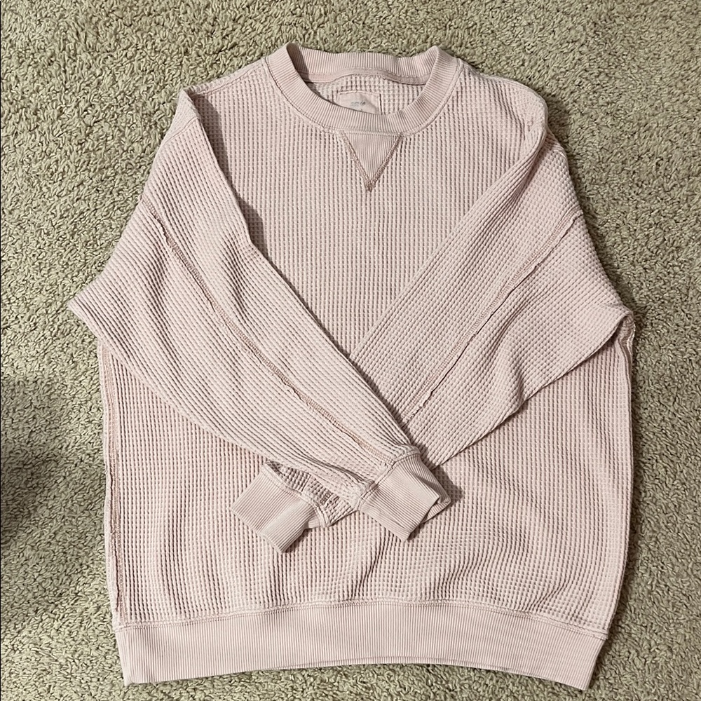 aerie Light Pink Waffle-Knit Crewneck Sweatshirt